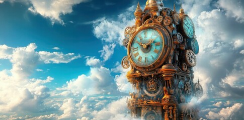 Ornate clock tower floats in dreamy cloudscape; fantasy, design
