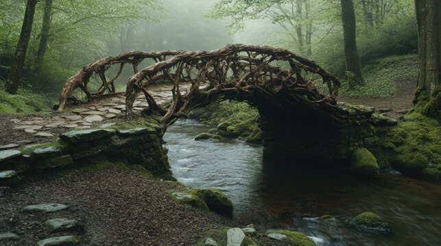 Misty forest root bridge stream path nature