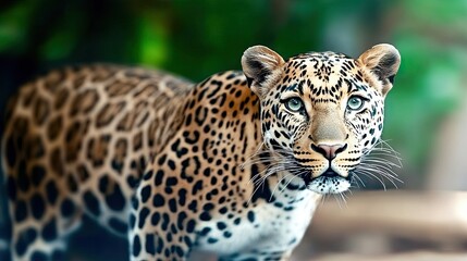 Obraz premium Powerful Leopard Portrait Against a Blurred Savanna Background Showcasing Wildlife Majesty