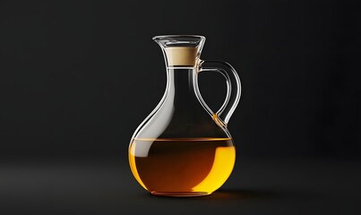 Glass decanter with golden liquid on black background.