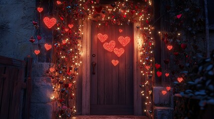 A festive doorway decorated with heart-shaped garlands and fairy lights
