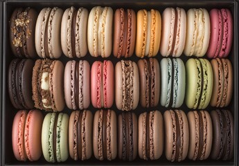 Assorted Colorful Macarons Arrangement in a Box Showing a Variety of Flavors and Textures for Culinary Delights and Dessert Inspiration