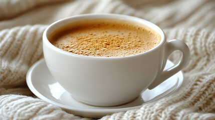 A frothy drink in a white mug. The mug rests on a matching saucer and a cozy, textured white fabric, perhaps a sweater