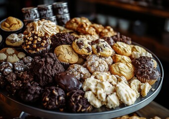 Assorted Cookies on a Silver Platter Display in a Cozy Bakery Setting with a Variety of Flavors and Textures for Dessert Lovers