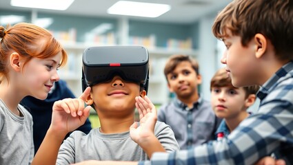Children Experience Virtual Reality Together In Classroom Setting