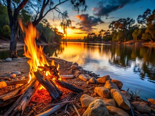 Australian Murray River Campfire: Scenic Nighttime Landscape Photography