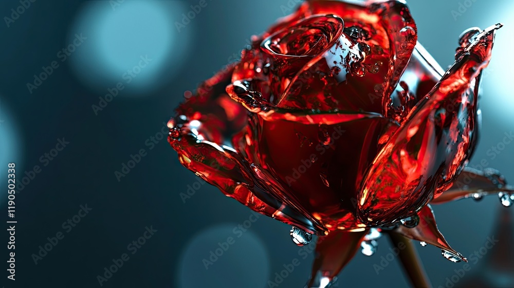 Poster breathtaking close-up of a vibrant red rose illuminated by soft lighting in an enchanting atmosphere