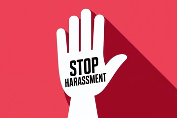 Silhouette of a hand with 'Stop Harassment' text on a bold red background.