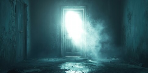 Light at end of smoky hallway, abandoned building