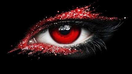 Eye with dramatic winged eyeliner and red glitter on a bold black background