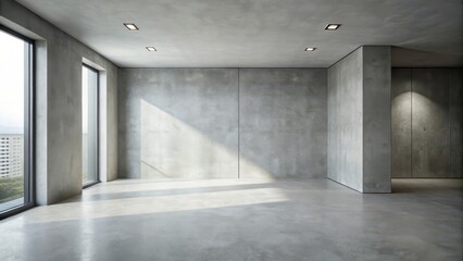 Obraz premium Minimalist room with gray wall and concrete floor, simple aesthetic