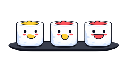 Cute Cartoon Sushi Characters on Plate with Happy Faces