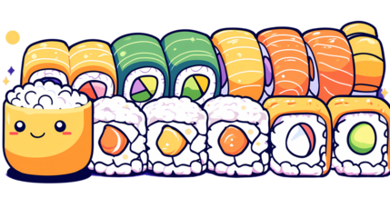Cute Cartoon Sushi Characters and Colorful Rolls on White Background