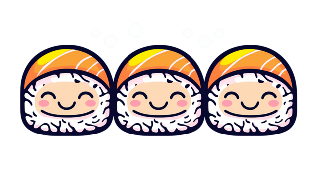 Cute Cartoon Sushi Characters with Smiling Faces and Bubbles