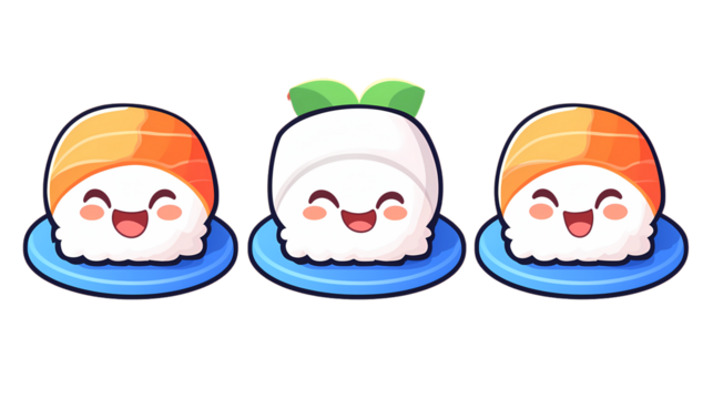 Cute Cartoon Sushi Characters with Happy Expressions on Plates