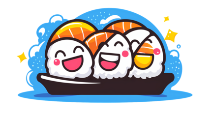 Cute Cartoon Sushi Characters with Happy Faces and Bright Colors