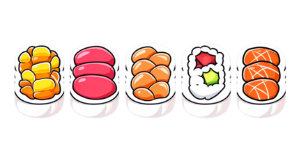Colorful Cartoon Sushi Collection Featuring Various Tasty Dishes