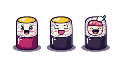 Cute Cartoon Sushi Characters with Happy Expressions for Food Art