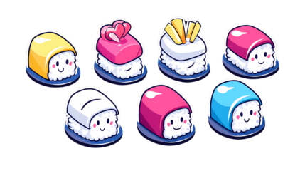 Cute and Colorful Cartoon Sushi Collection with Fun Expressions
