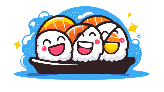 Cute Cartoon Sushi Characters with Happy Faces and Bright Colors