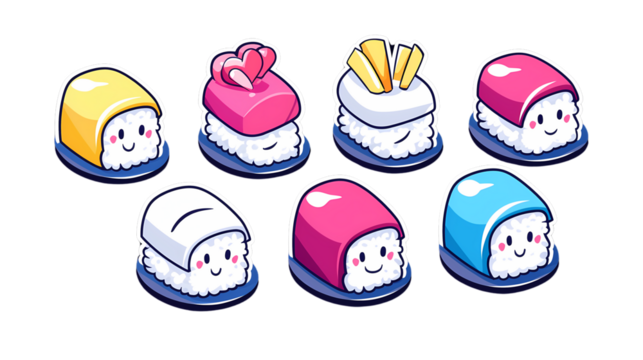 Cute and Colorful Cartoon Sushi Collection with Fun Expressions