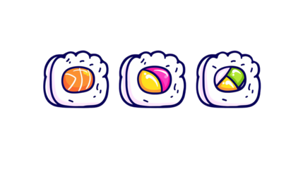 Colorful Cartoon Sushi Icons for Food and Dining Themes