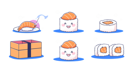 Cute Cartoon Sushi Characters and Packaging in Bright Colors