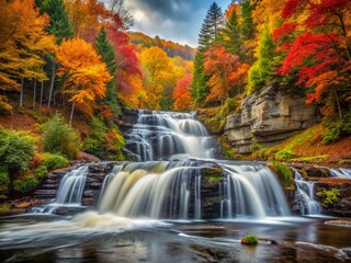 Autumn Waterfall: Golden Leaves and Cascading Water - Stock Photo