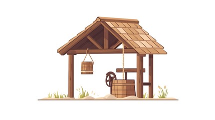 Rustic Wooden Well Structure with Buckets and Roof