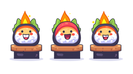 Cute Cartoon Sushi Characters with Smiling Faces and Flames