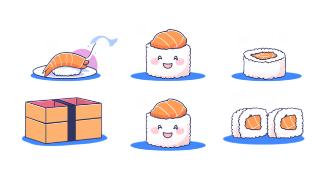 Cute Cartoon Sushi Characters and Packaging in Bright Colors