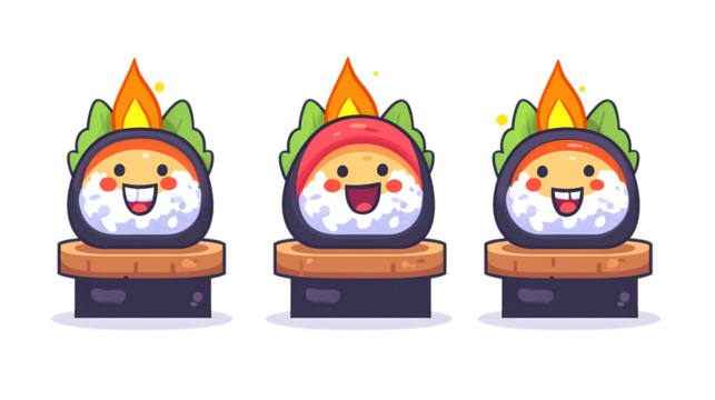 Cute Cartoon Sushi Characters with Smiling Faces and Flames