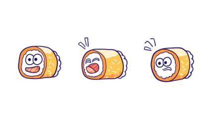 Cute Cartoon Sushi Roll with Various Expressions and Emotions