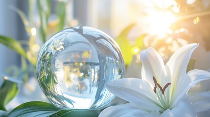 Spring decoration featuring a clear sphere and white lily blossoms in a bright, sunlit environment celebrating Easter vibes
