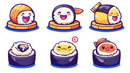 Cute Cartoon Sushi Characters with Happy Facial Expressions