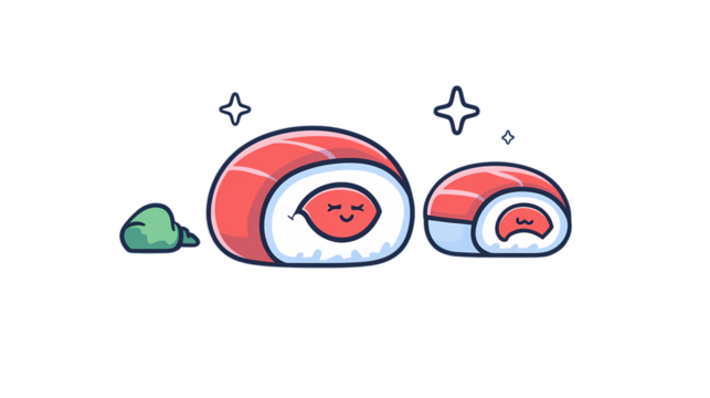 Cute Cartoon Sushi Rolls with Happy and Sad Faces in Colorful Style