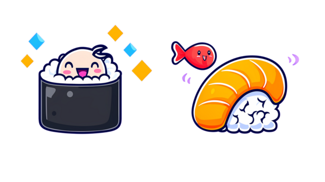 Cute Cartoon Sushi Characters with Fish and Decorative Elements