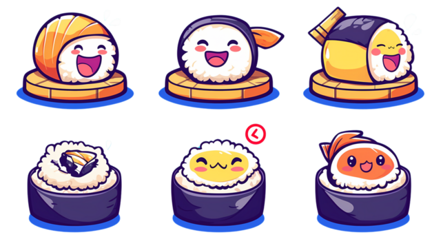 Cute Cartoon Sushi Characters with Happy Facial Expressions