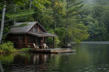 Fototapeta premium A cozy cabin sits on the edge of a tranquil lake, with a dock extending out into the water, perfect for fishing, A serene lakeside cabin with a dock for fishing