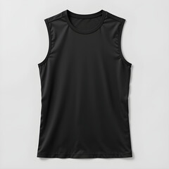 black sleeveless athletic shirt displayed on a grey background, showcasing its design and fabric texture for fitness enthusiasts