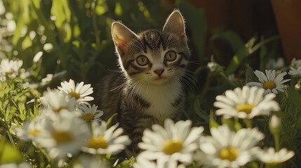 Kitten in flower field