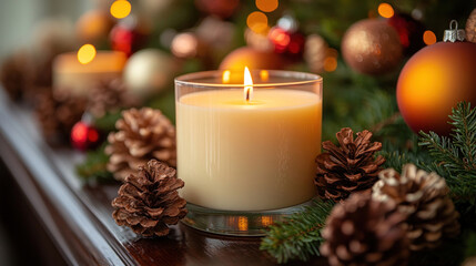 A candle set on a mantelpiece, surrounded by pinecones and holiday decorations