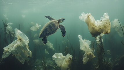 An underwater scene showing a turtle swimming among plastic bags and waste, raising awareness about ocean plastic pollution. Ai generated