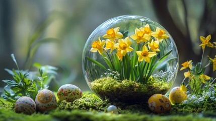 Colorful spring flowers and easter eggs create a festive display in a glass dome centerpiece