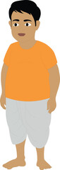 Fototapeta premium Indian kid. Young boy with bare foot wearing dhoti. Boy standing on flat surface. Orenge traditional top and dhoti.