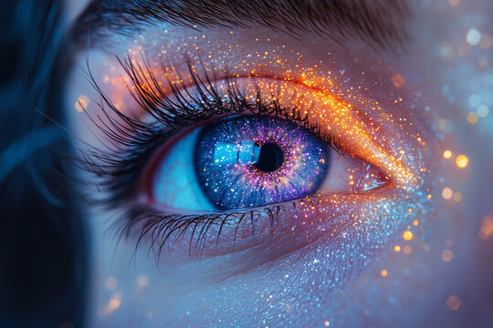 cosmic eye with vibrant glowing lights and starry details