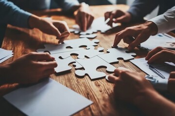 Collaborative teamwork scene  assembling bright white puzzle pieces on a rustic wooden table