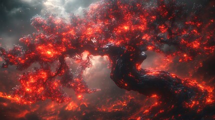 A fiery tree ablaze in a dark stormy sky