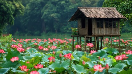 Vibrant red lotuses surrounding a small wooden hut on stilts in the water