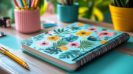 Fototapeta premium A colorful notebook with motivational stickers and a matching pen lying on a desk